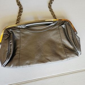 Gray leather clutch